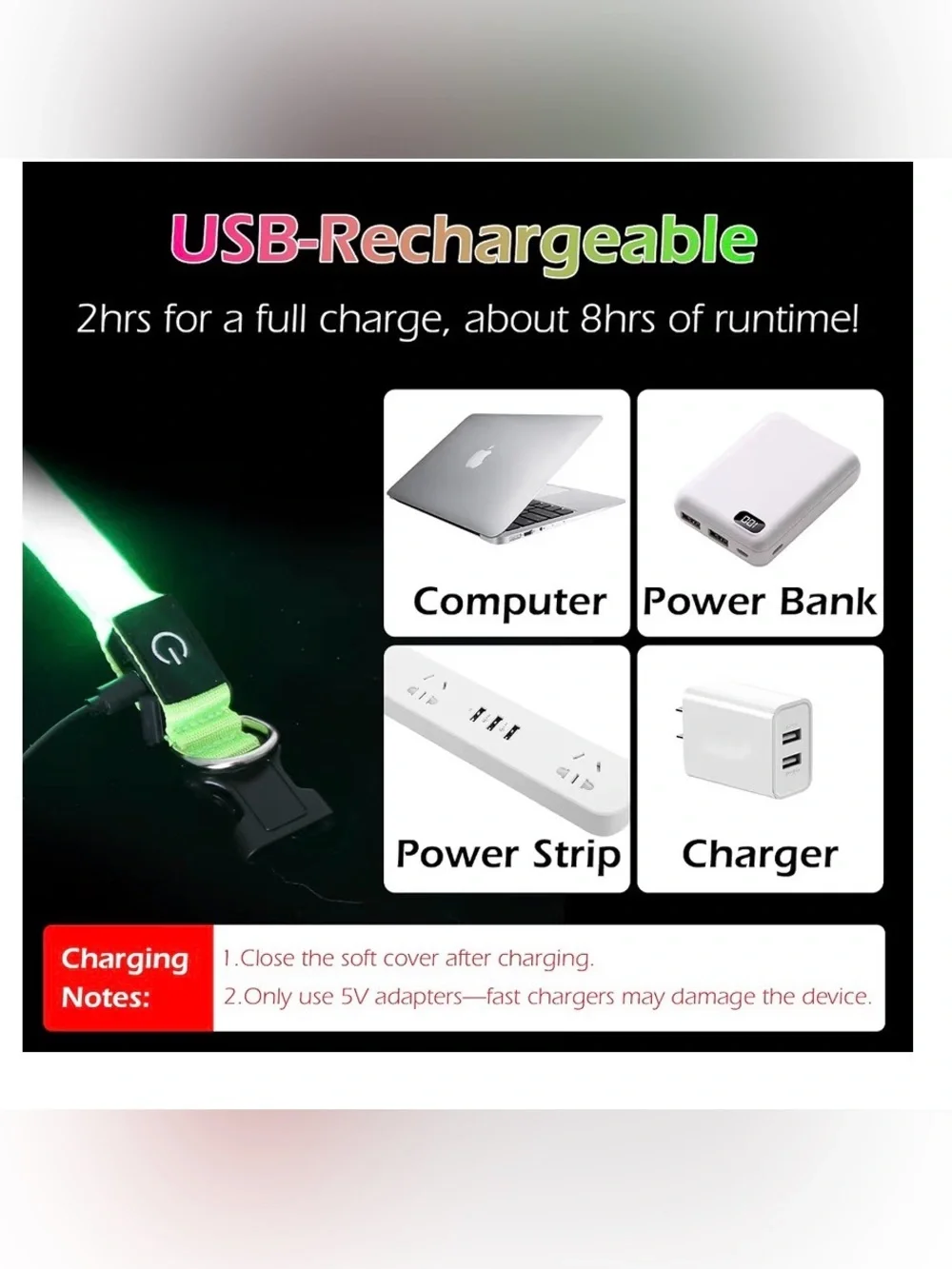 LED Dog Collar Light Up USB Rechargeable Night Safety Glow High Vis Green Size L